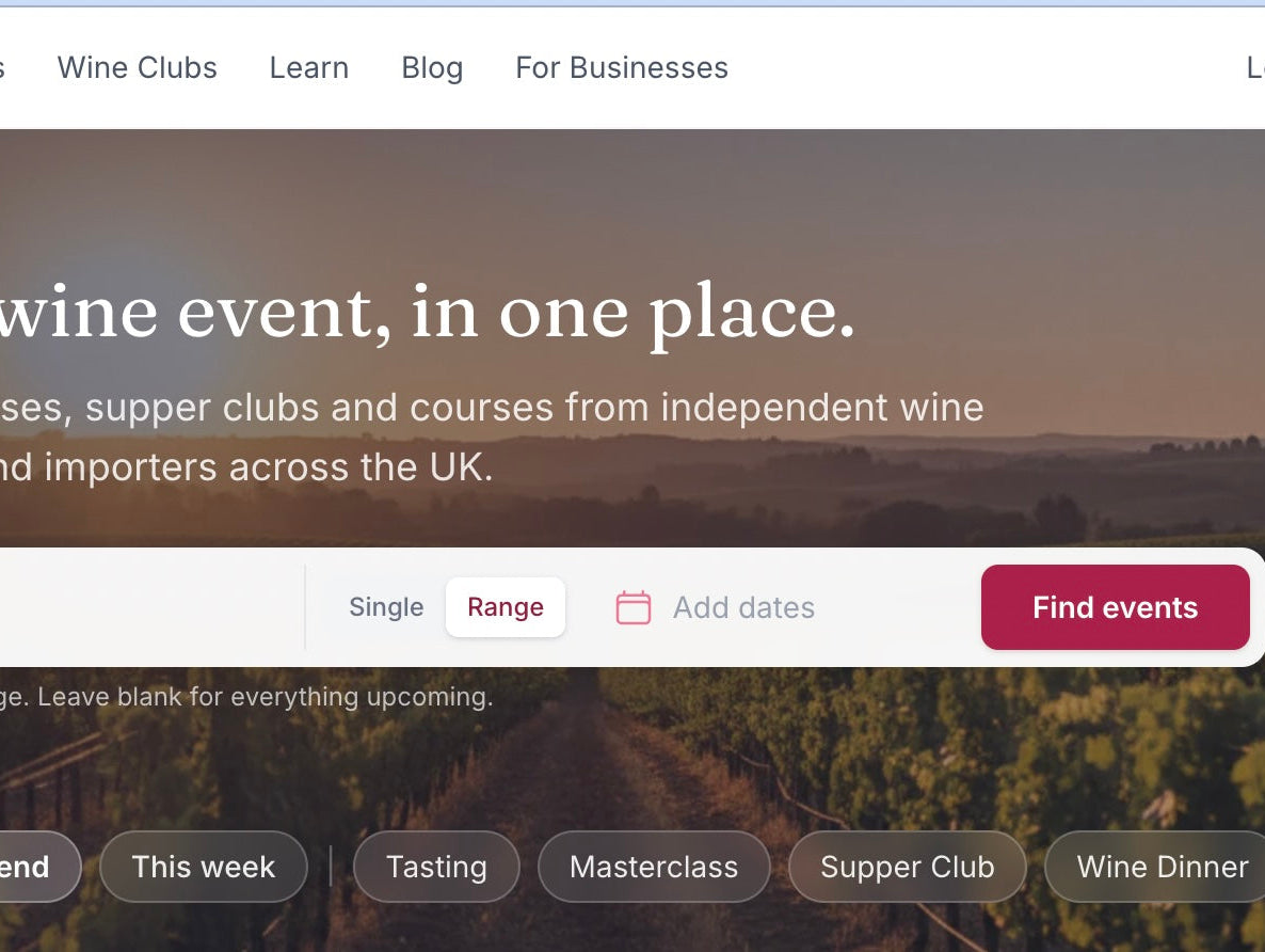 Screen shot of Sommly home page with the world: Every UK Wine Event, In One Place