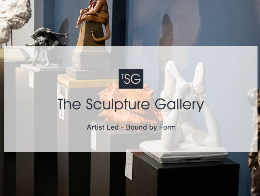 The Sculpture Gallery, Leeds, logo overlaid on a picture of sculptures.