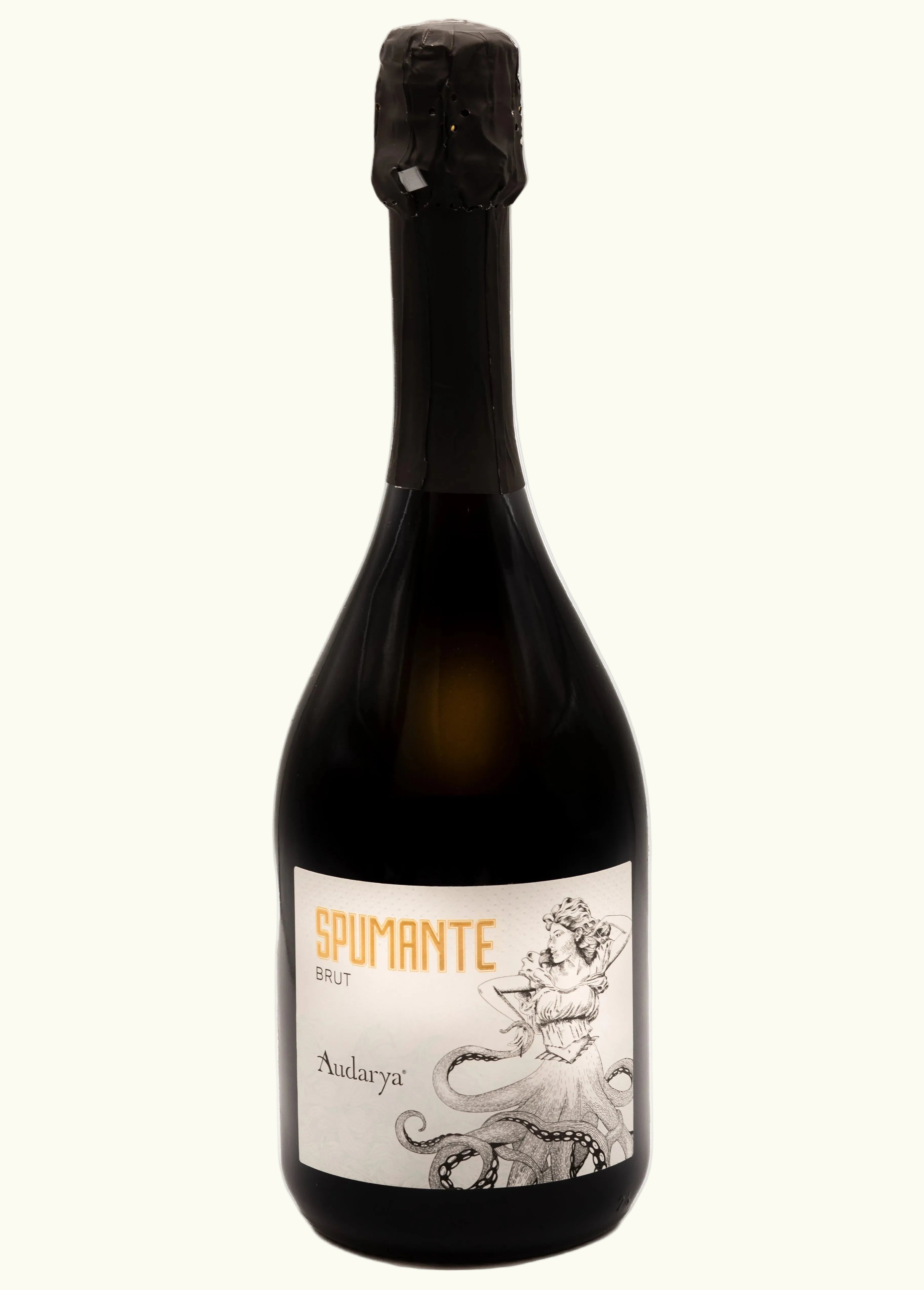 Spumante bottle with a decorative label on a white background