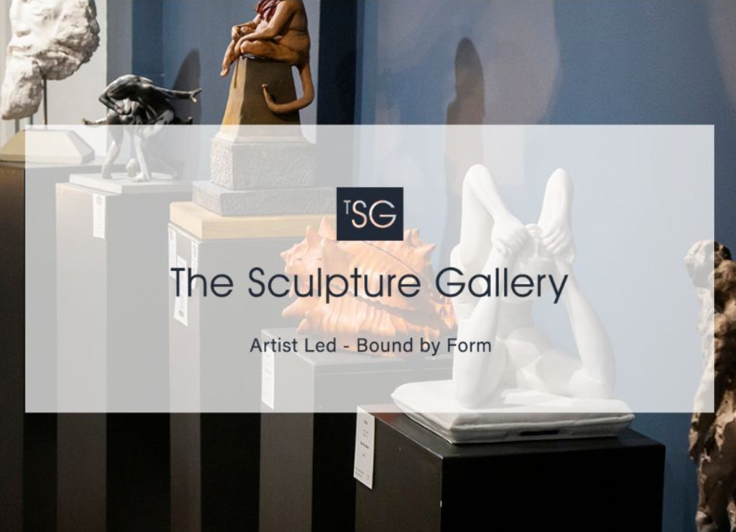 The Sculpture Gallery, Leeds, logo overlaid on a picture of sculptures. 