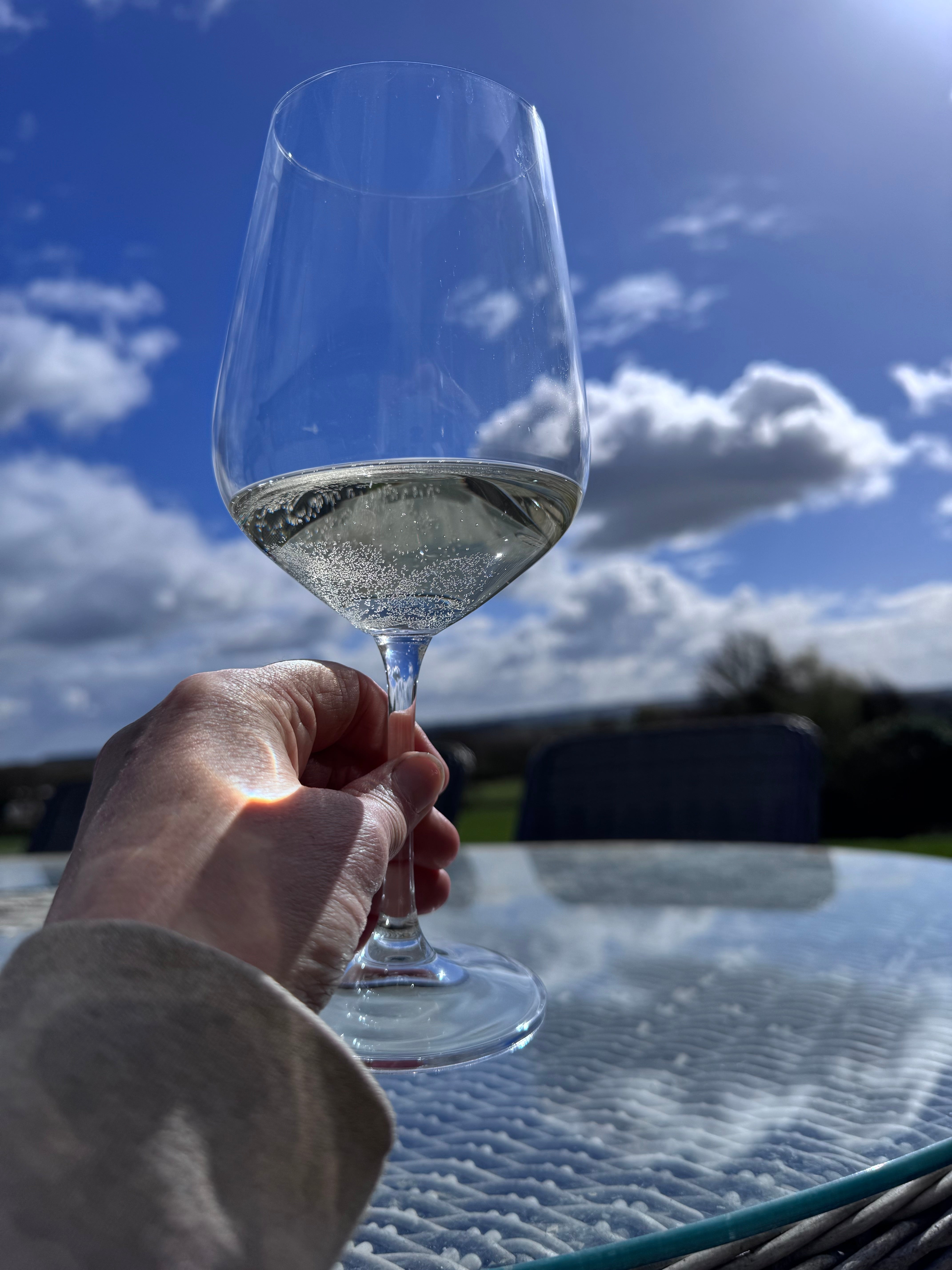 A glass of white wine in a hand against a blue sky with white clouds