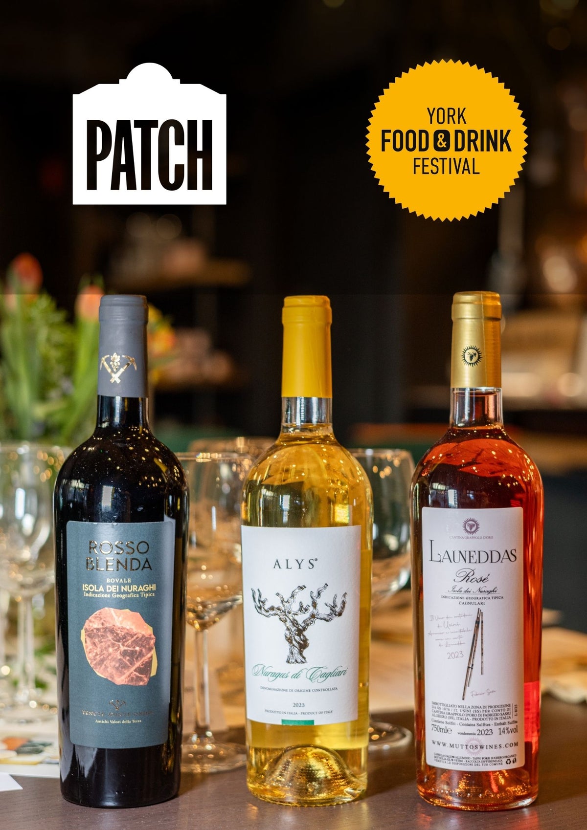 Promotional poster for York Food & Drink Festival at Patch with three bottles of wine