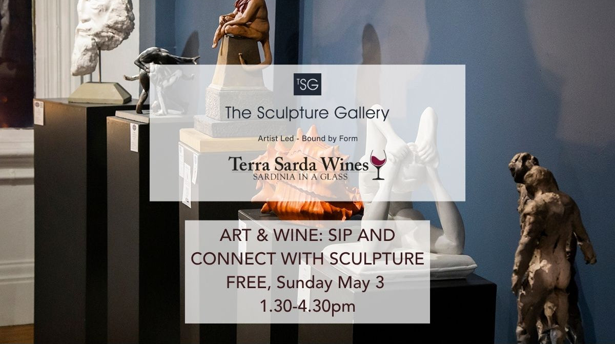 Advertisement for Terra Sarda Wines event at The Sculpture Gallery with sculptures in the background.