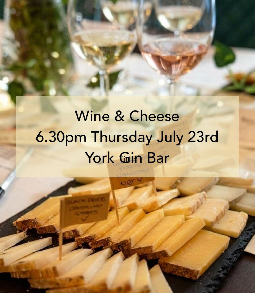 Two wine glasses with white  nd rose wine and a cheese platter with food flags on a table, with text overlay for an event at York Gin Bar.