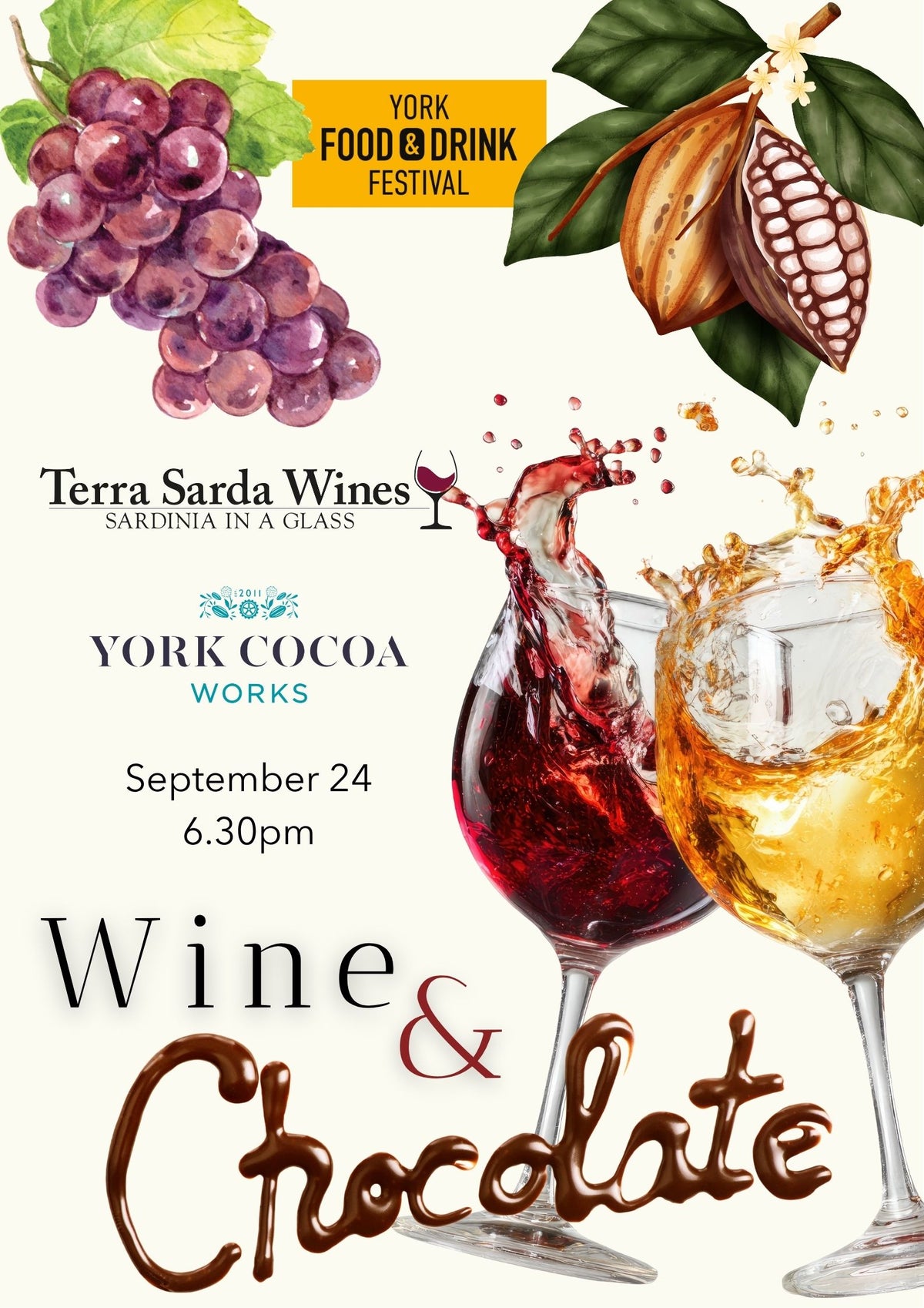 Promotional poster for the York Food & Drink Festival featuring Terra Sarda Wines and York Cocoa Works