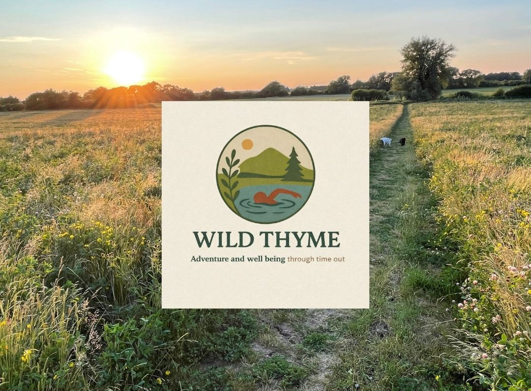 Wild Thyme logo with a scenic background of a field and sunset.